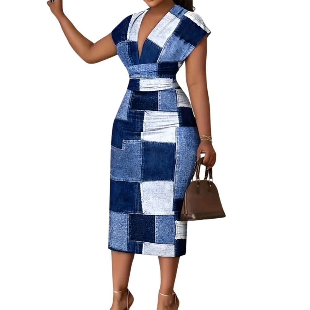 Women's Patchwork V-neck Dress  Size XL